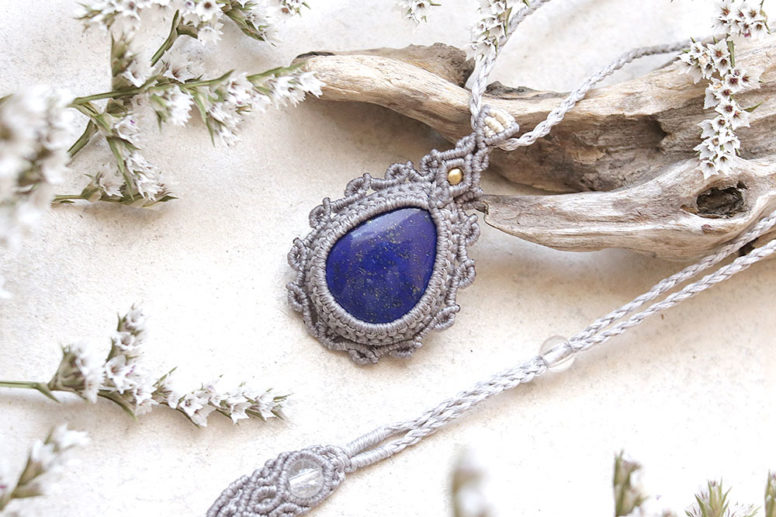 ラピスラズリ天然石マクラメネックレス mac428エスニックアジアンエキゾチックな金属アレルギーフリーアクセサリー